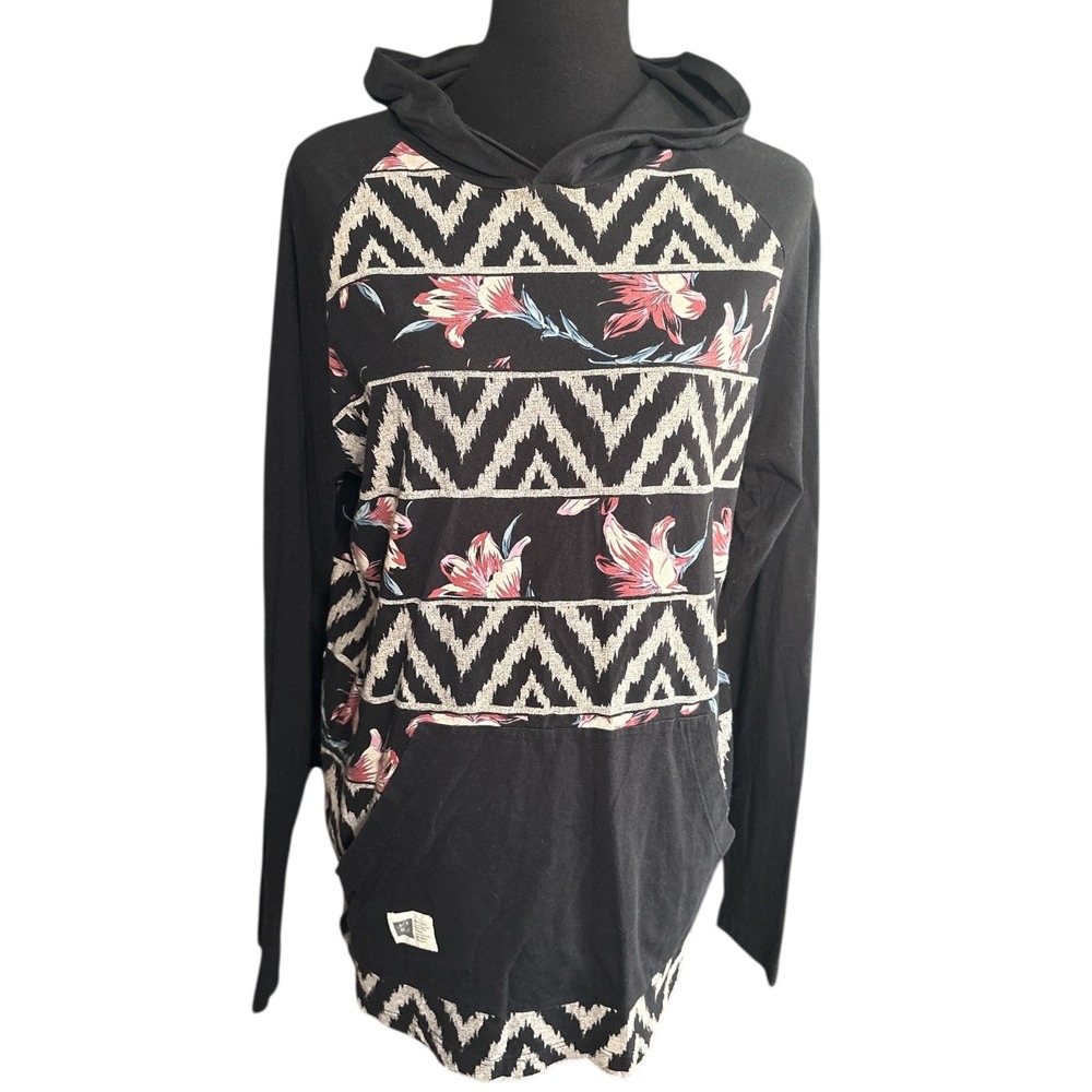 LIRA Long Sleeve Hooded T-Shirt, Black Floral Chevron Print, Men's Small, Unisex